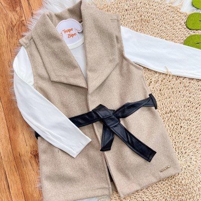 Conj. Colete em Fleece, Blusa Manga Longa Canelada e Legging em Couro Ecológico - Areia e Preto